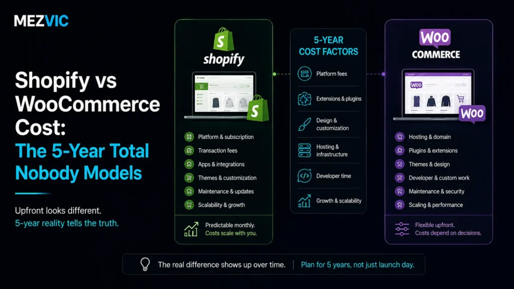 Shopify vs WooCommerce Cost: The 5-Year Total Nobody Models