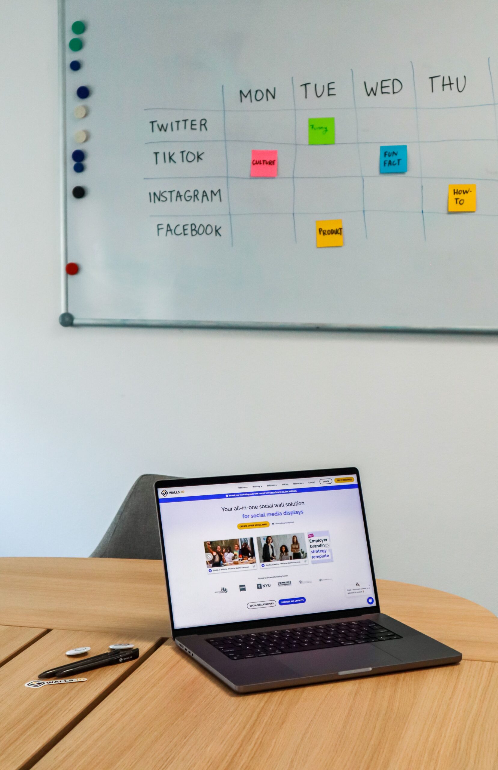 Weekly posting schedule mapped across several platforms on a whiteboard